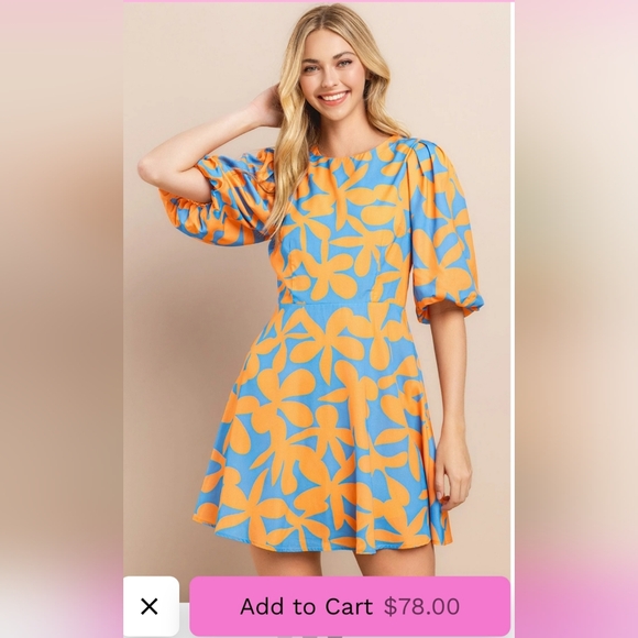 NWT BOUTIQUE FLORAL ORANGE BLUE PUFFER SLEEVE DRESS - Picture 5 of 8